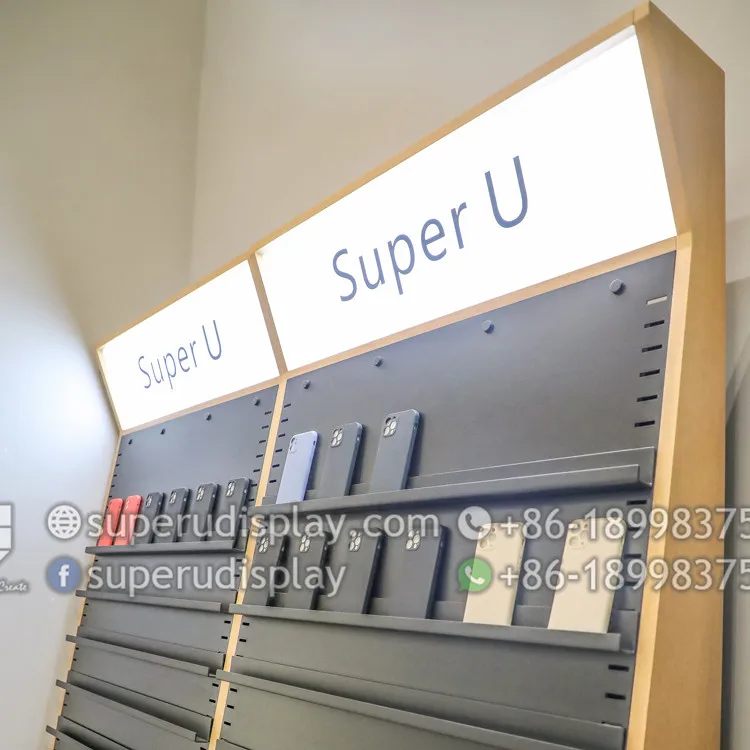 Fashion Customized Adjustable Phone Component Electronics Accessories Display Stand Mobile Phone Wall Display Shelf with Storage