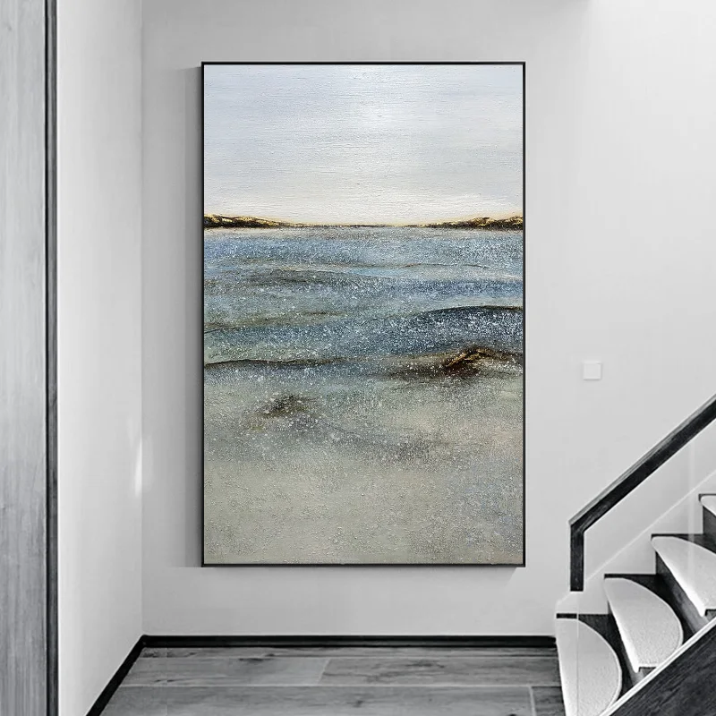 Современная Абстрактная синяя картина ручной работы белые настенные украшения на холсте для гостиной спальни 20X3 9 дюймов/50x100см