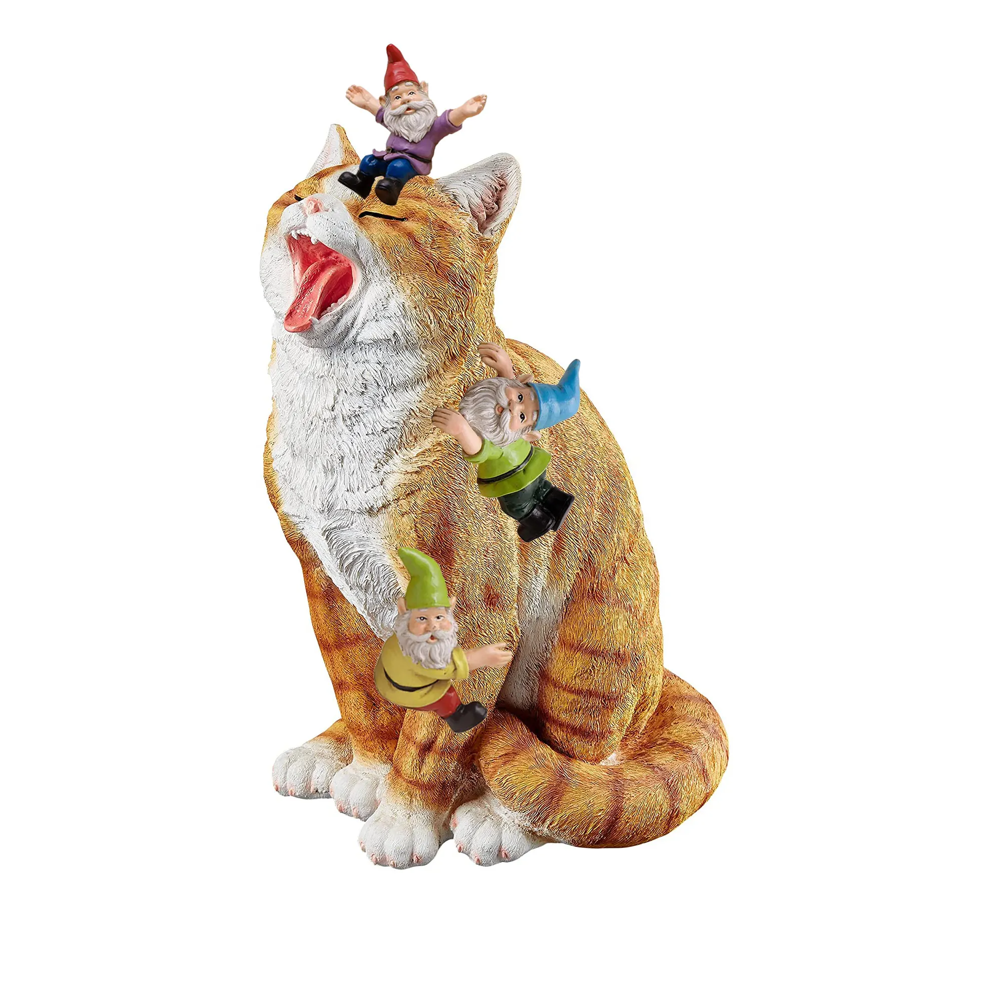 Cat play with gnome.garden gnome figurine.