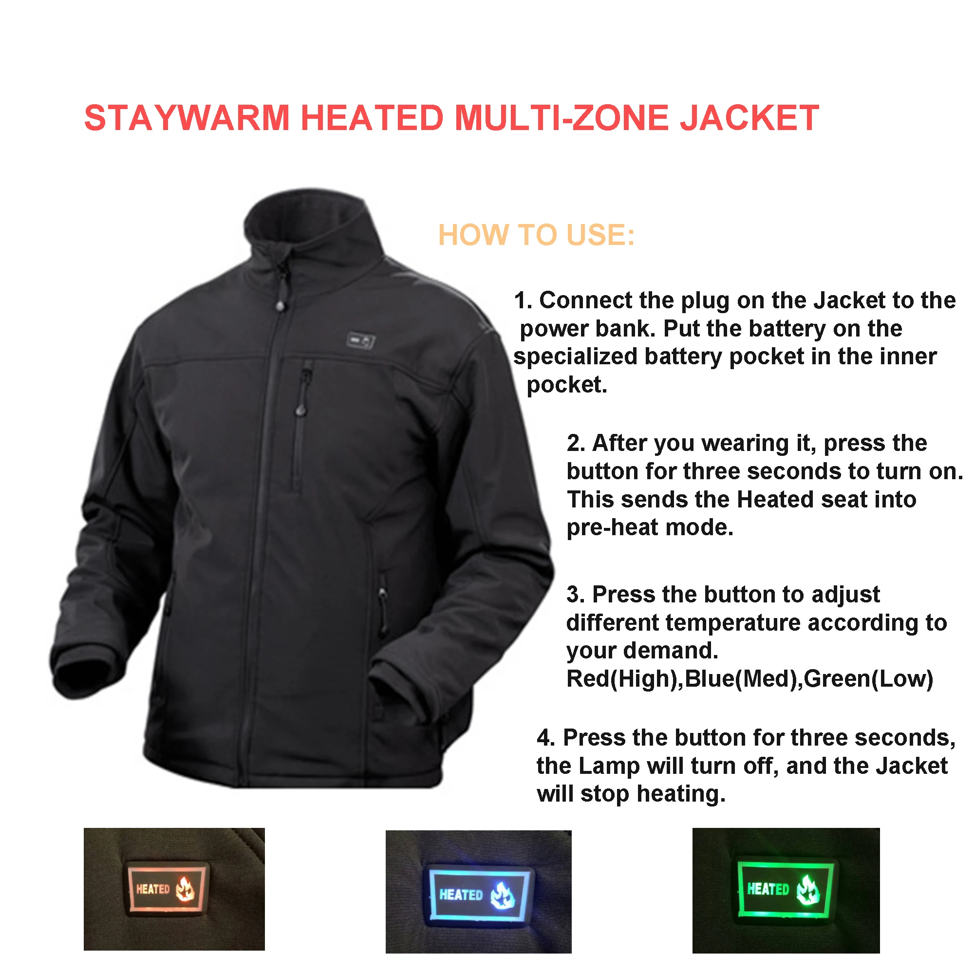 water and wind resistant classic soft shell 5v usb heated jacket with carbon fiber heating pads