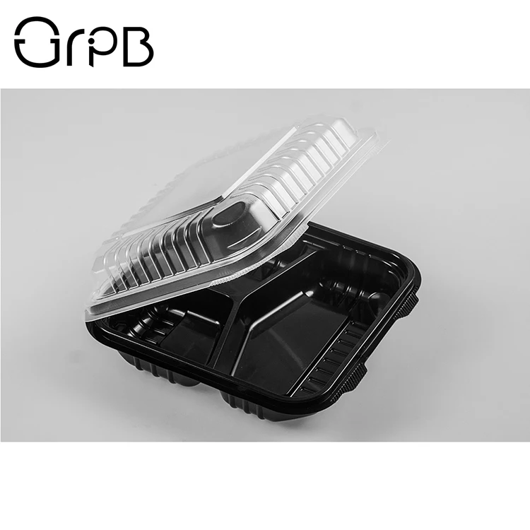 Disposable take out microwave PP food 3 compartments dual color hinged container