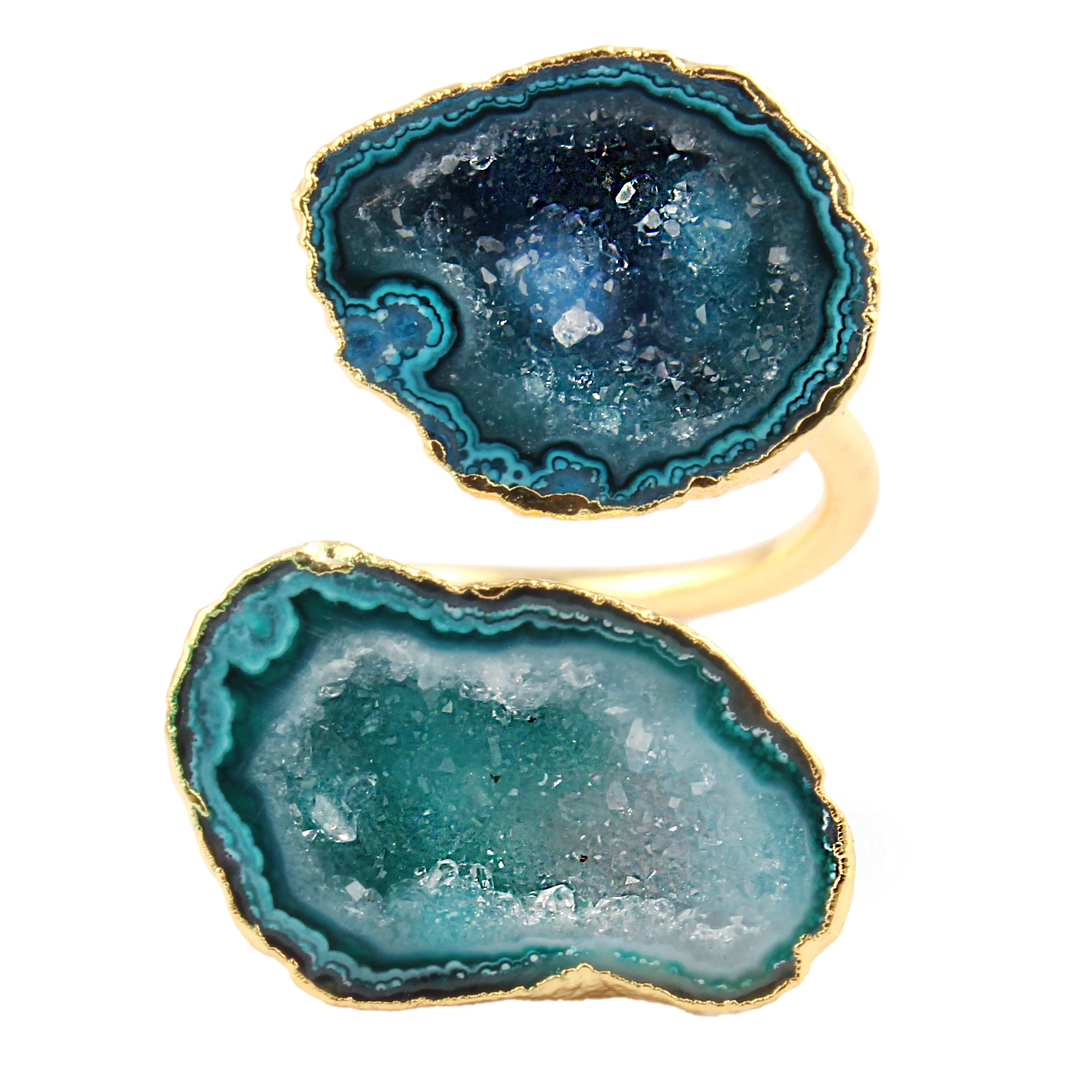 Natural Petrol Blue Green Geode Druzy Yellow Gold Electroplated Rings Double Stone Geode Druzy Ring Gift Wholesale From India