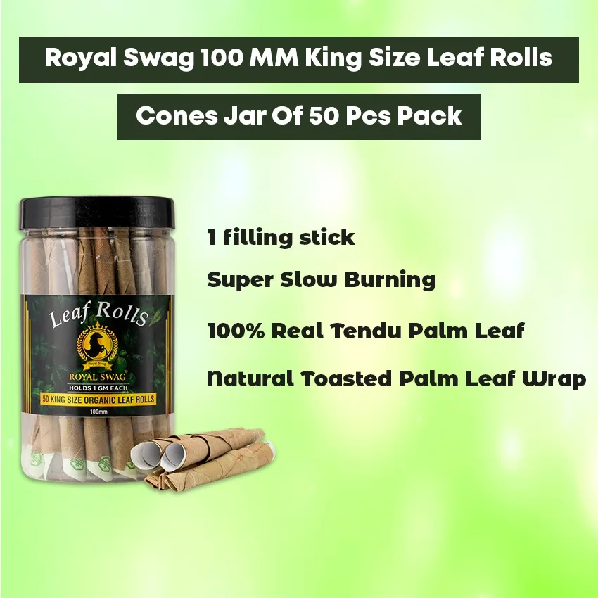 Royal Swag 100 MM King Size Leaf Rolls Ready to Use Cones Jar with 1 filling stick, Super Slow Burning, Real Tendu Palm Leaf