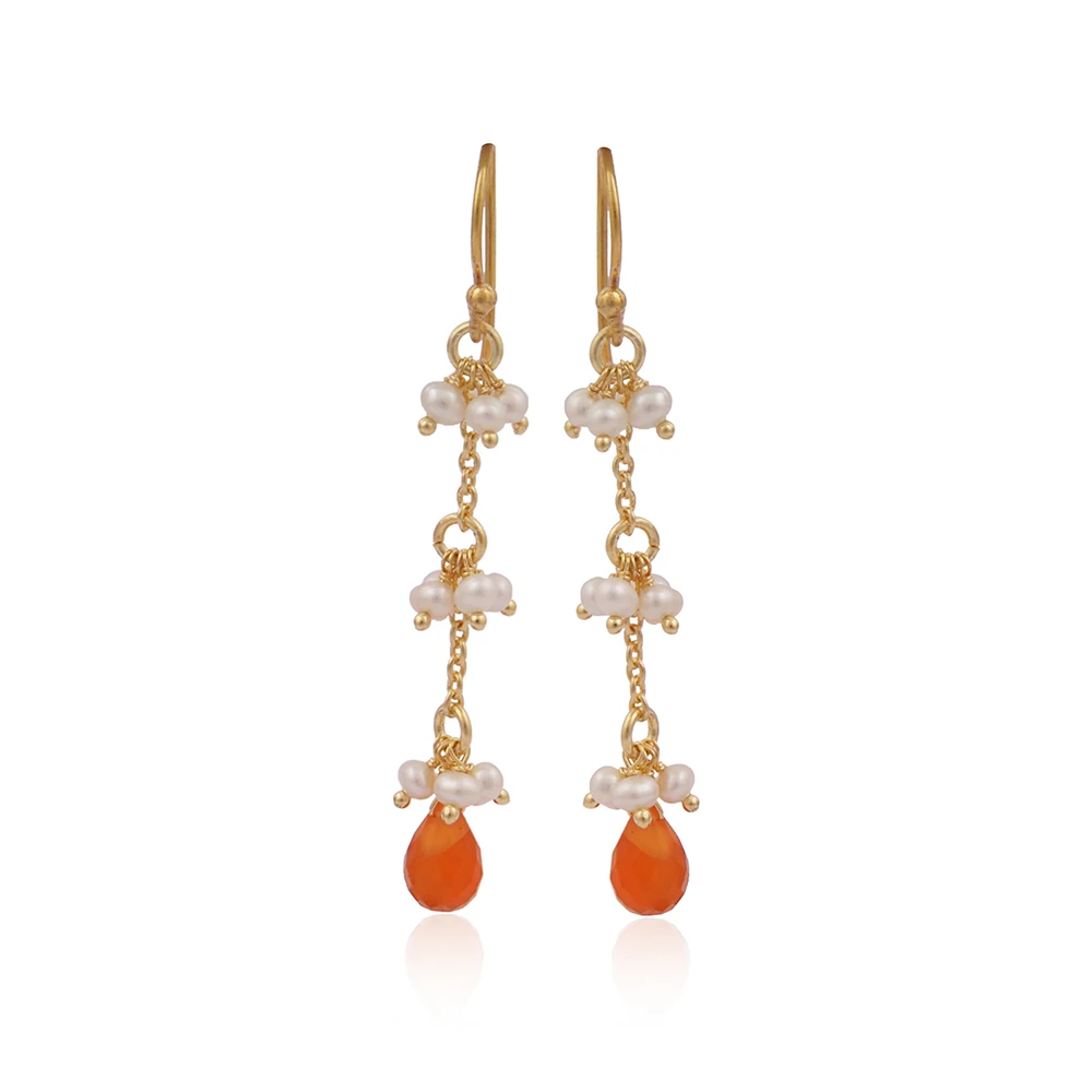 Gold Plated Pearl And Red Carnelian Hook Earrings Multi Shapes Round And Pear Shapes Hook Earring Jewellery. Mode Joyas E-701
