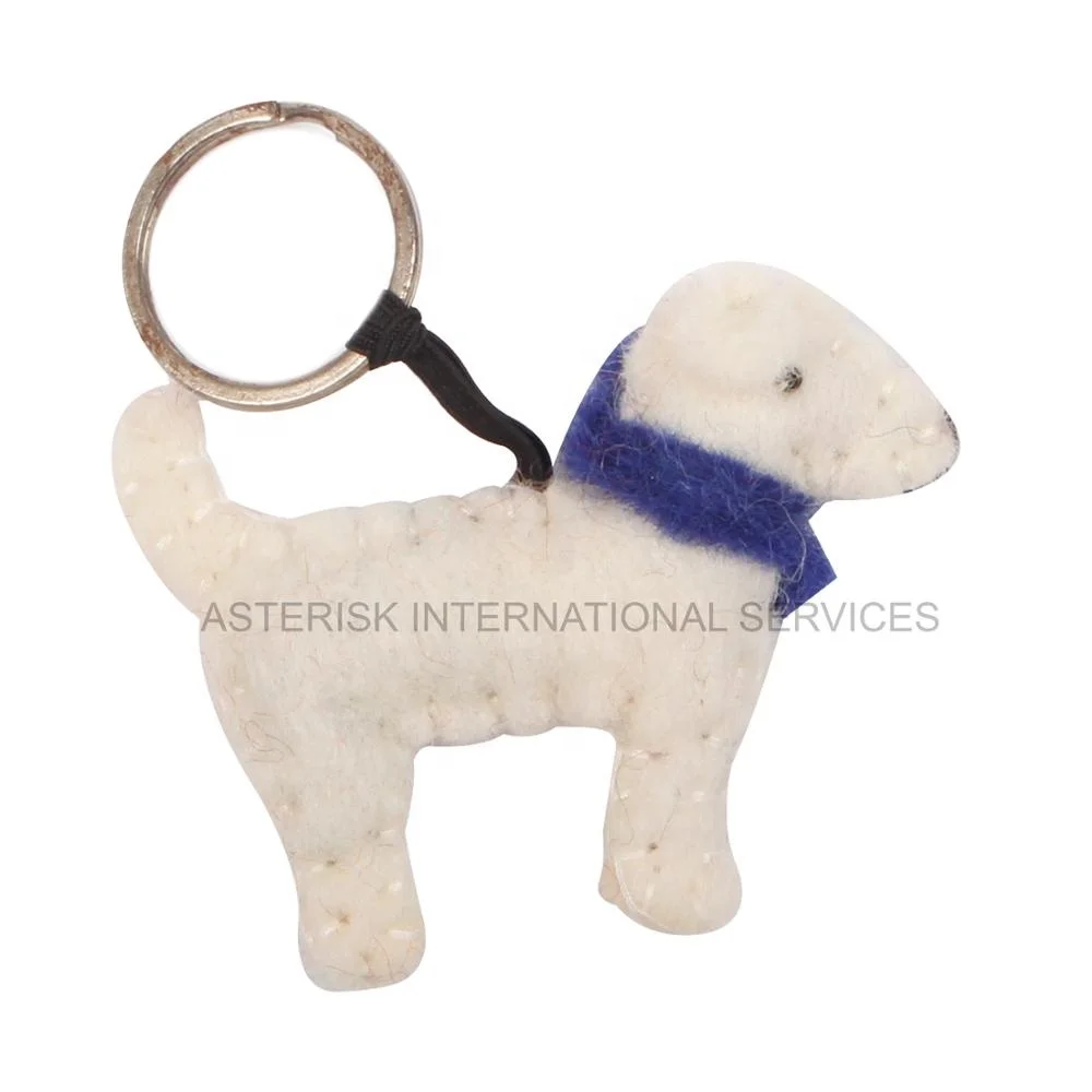 Handmade 100% Wool Eco-friendly Dog Keyring White Felt Pet Accessory with Metal Hobby Craft Gift for Dog Lovers