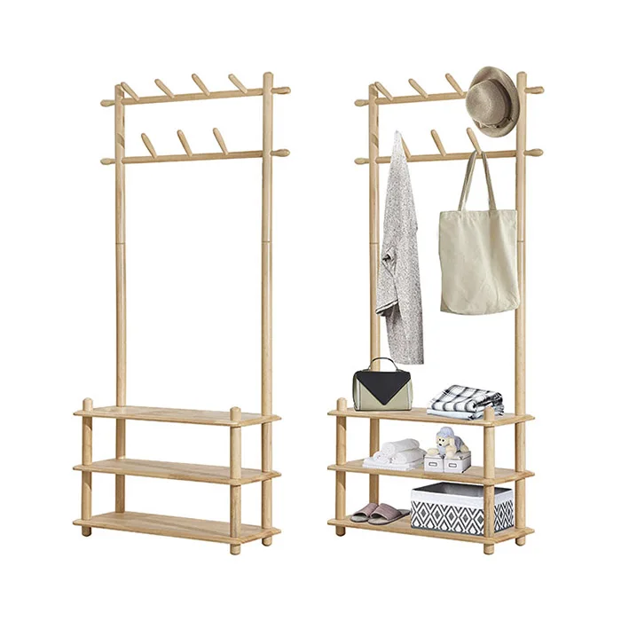 High Standard Super Stable Multipurpose Solid Wood Coat Rack with 2 Layer Clothes Hanger with Shelves Portable Wardrobe