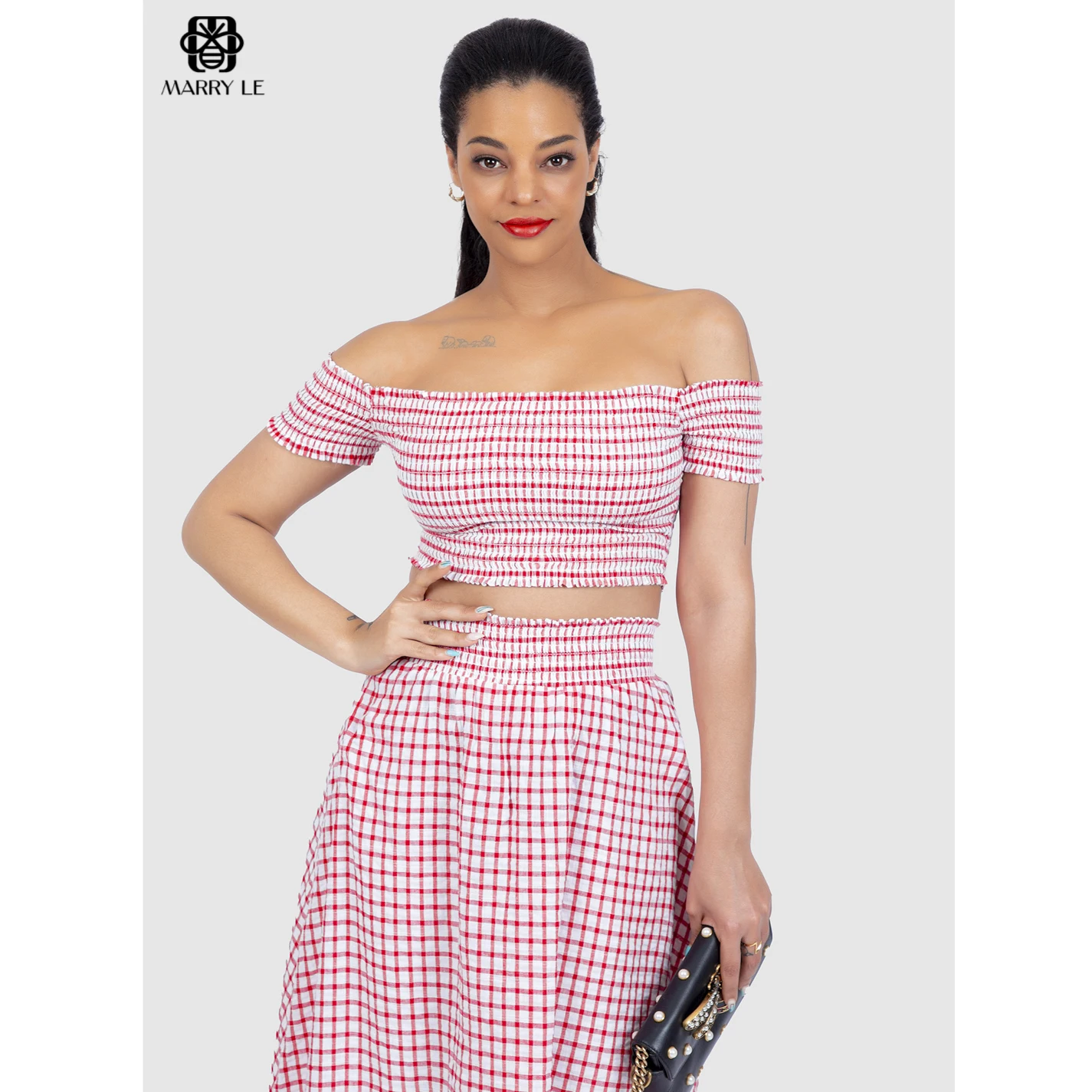 OFF SHOULDER RED SET FOR WOMEN women smock dress wholesale women clothing Top Casual OEM ODM Customized clothing - MD16