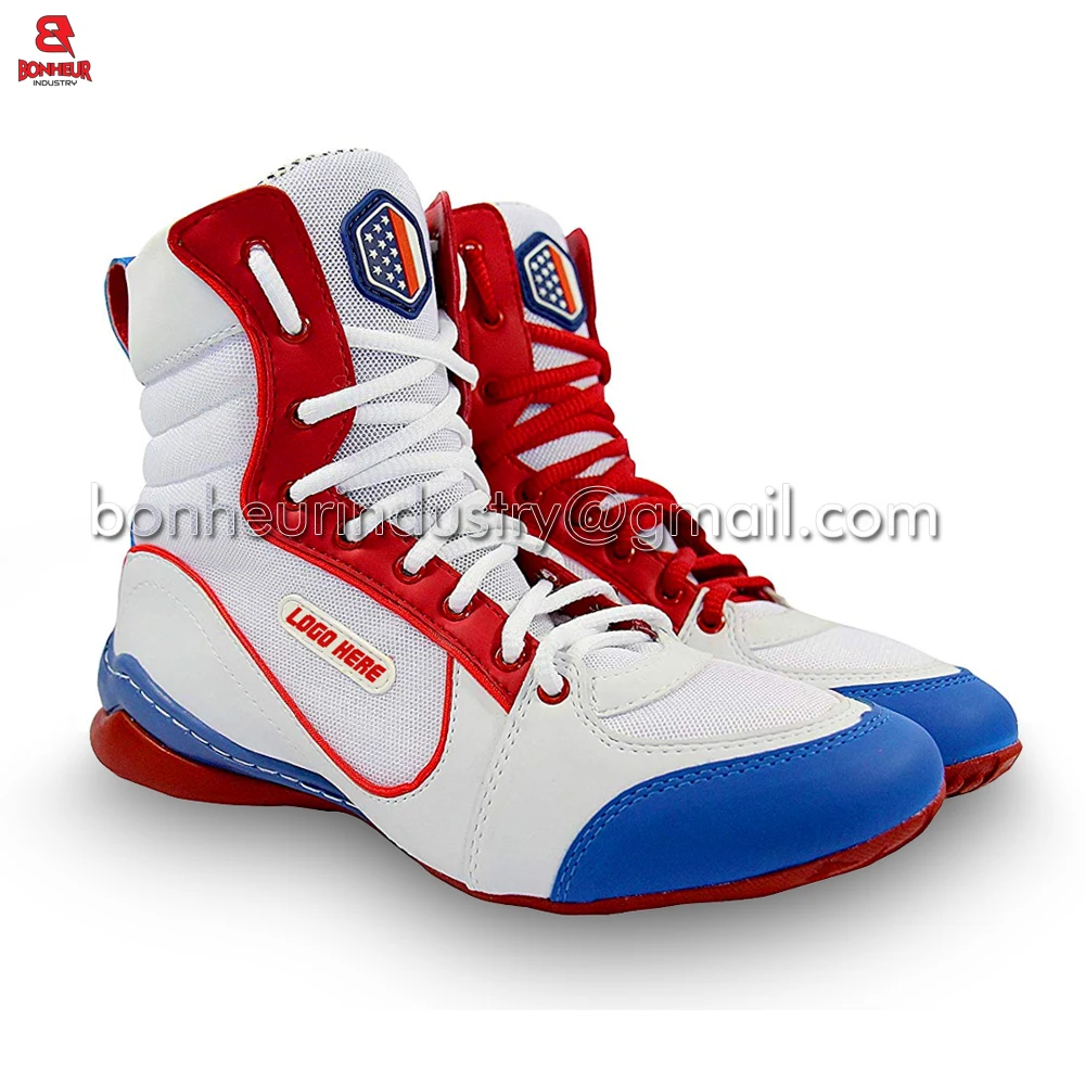 
High quality leather Boxing Shoe for Men White Red and Blue 