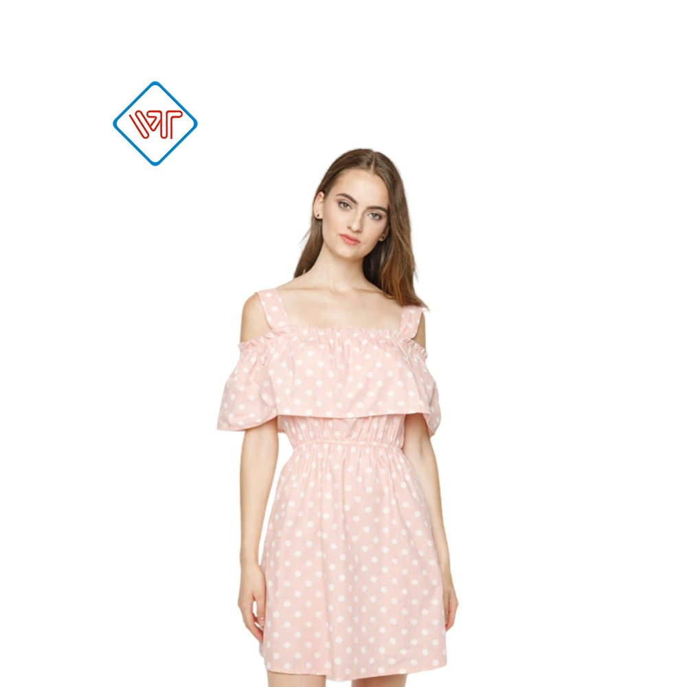 OEM/ODM manufacturer The fashionable women U-neck short sleeve slip off shoulder design dot print dress made in Vietnam