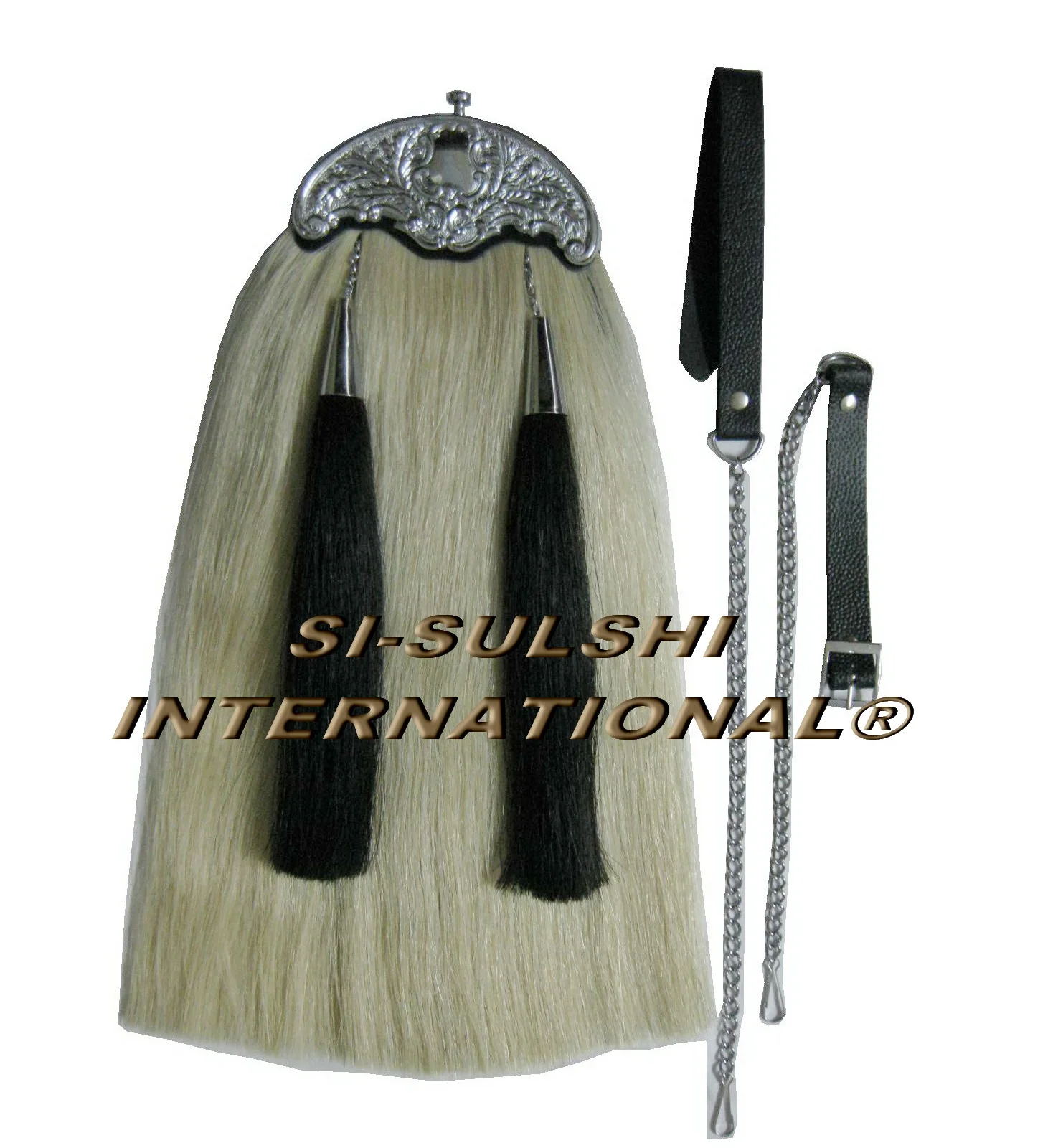 SI - WHITE LONG HORSE HAIR SPORRAN ( 100% Original ) with THISTLE CANTLE