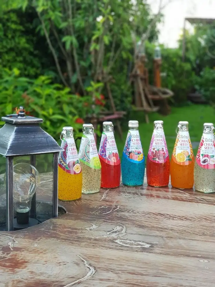 Стерилизованные семена зиина базилика и напиток из семян зиина Чиа с фруктами, ароматы из Таиланда, стерилизующий реторт на стеклянной бутылке