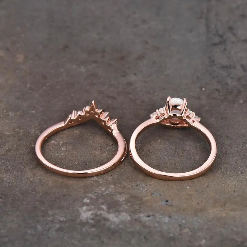 Обручальное кольцо с белым огненным опалом винтажный свадебный набор обещания из розового золота ручной работы Подарок на годовщину и день рождения для нее