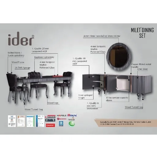 
IDER MILET DINING ROOM SET (Rich, Bold, Dark Colors, Classic, Luxurious Style, Marble Effect on Table & Console Top) 