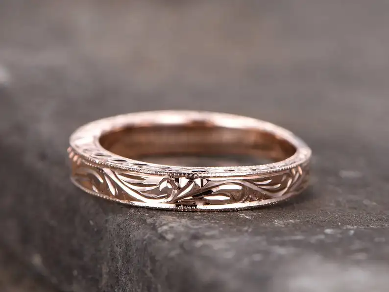 Vintage Filigree Wedding Band Stacking Ring Milgrain Floral Design Rose Gold Plated Sterling Silver Anniversary