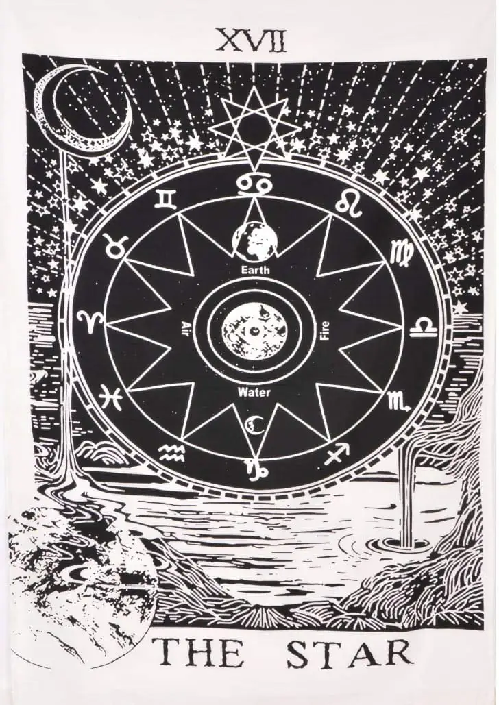 Tarot Triple Burning Sun Moon & Star Mystic Hippie Bohemian Psychedelic Mandala Cotton Wall Hanging Tapestry Poster white Black
