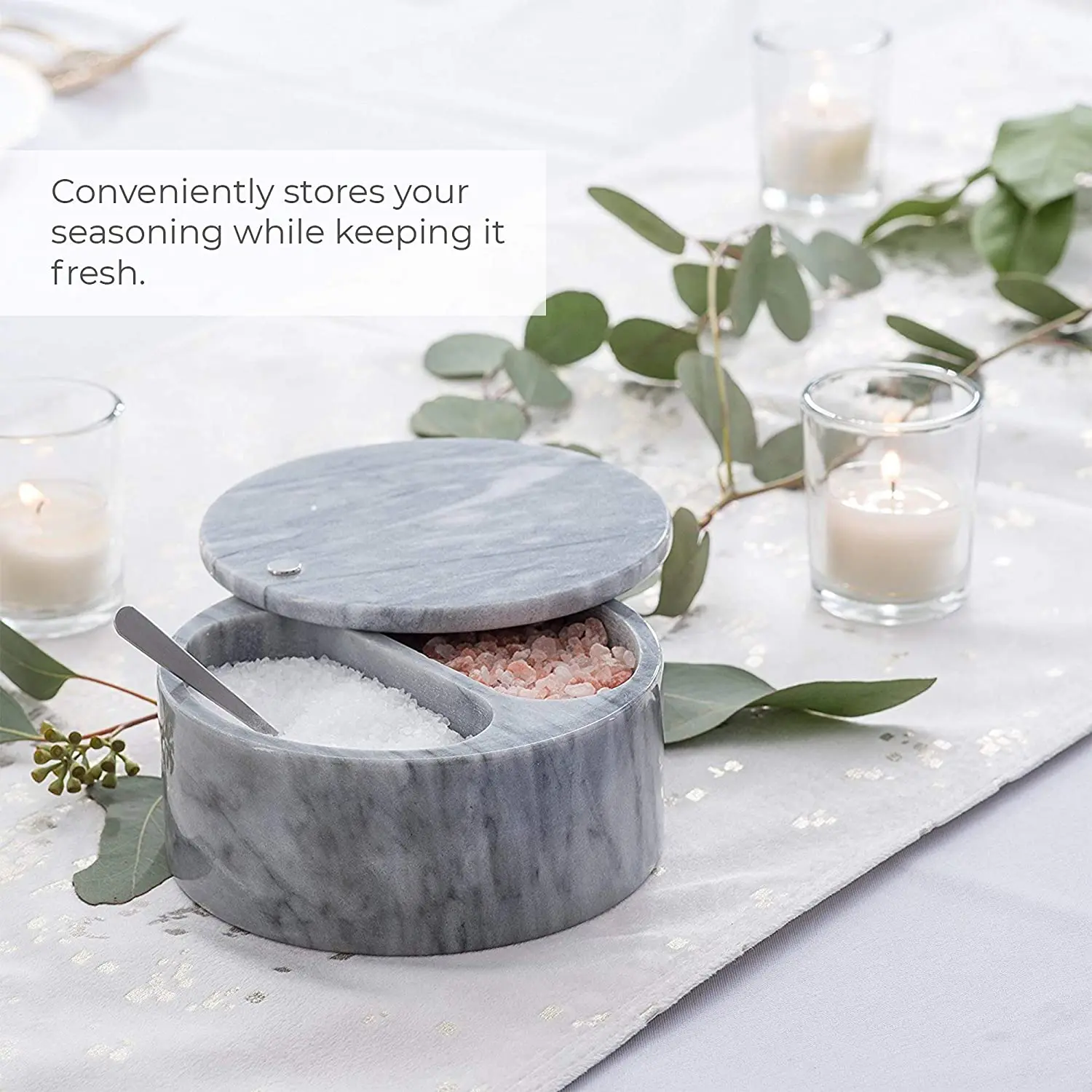 Marble Salt Box Herb & Spice Tools Spice & Pepper Shakers Dual Compartment Elegant Home Kitchen Restaurant Square All-season