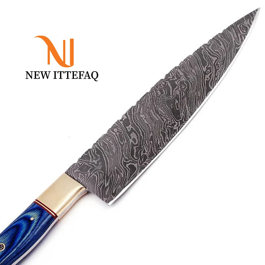 
Damascus Chef Knife | Damascus Steel Chef Kitchen Knife 13 inches Custom HANDMADE Fixed Blade Pakka Wood Brass Bolster Handle 