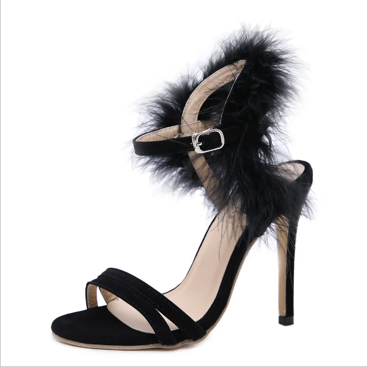 Latest fashion women shoes fluffy stiletto heels ankle strap sandals round Toe sexy Ladies shoes Summer wholesale high heels