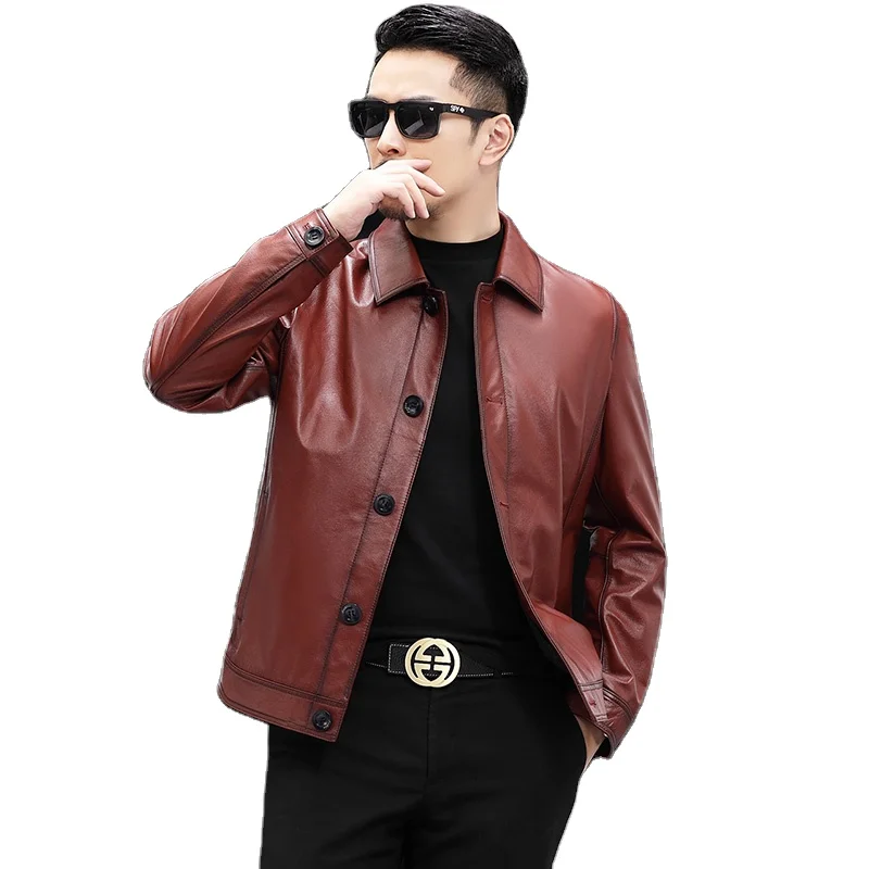 Superiour quality Warm Keeping leather jacket men zip-front Embossing logo design leather men jackets windproof leather jacket