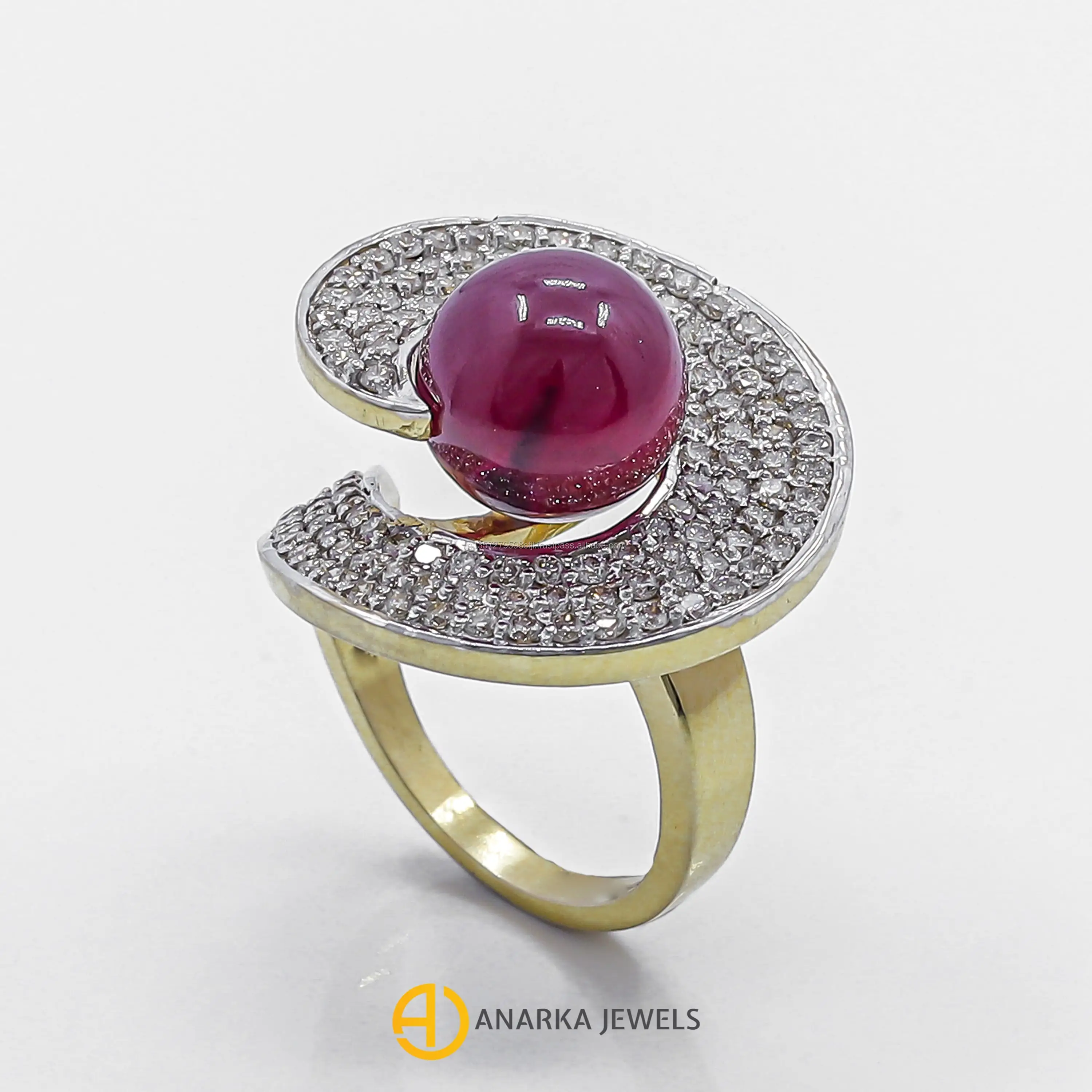 
18K Yellow Gold Vintage Unique Cocktail Diamond Ring Ruby Bead Gemstone Ring MMR-107 