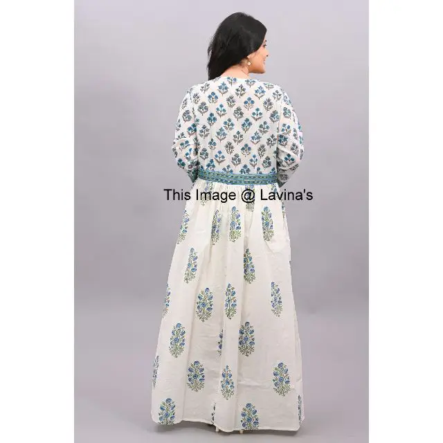 Indian hand block print cotton long dress women wear designer long gown party wear handmade tunc girl wear top floral long kurti