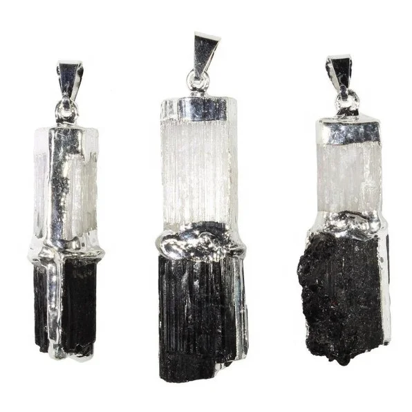Selenite Plated Natural Crystal Black Tourmaline Stone Point Pendant at Good Price