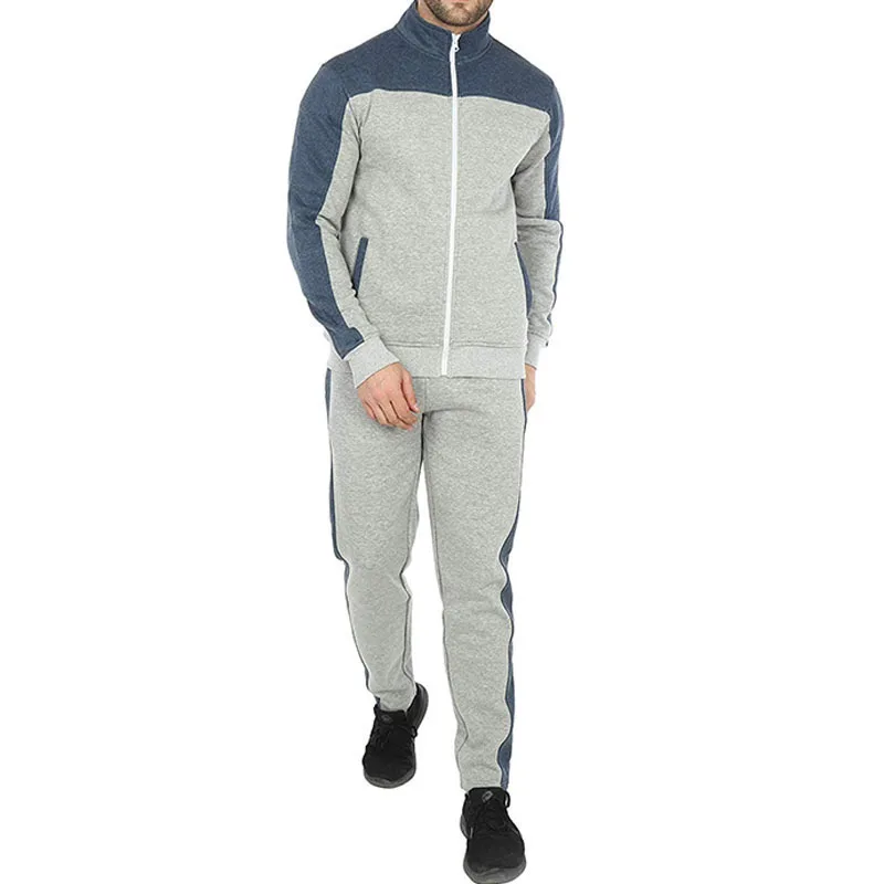Изготовленный На Заказ трикотажный серый миланж и синий флисовый спортивный костюм