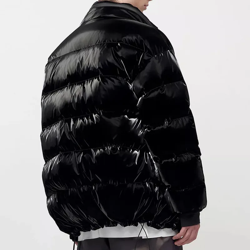 Winter mens outdoor black leather bubble down puffer jacket with hooded