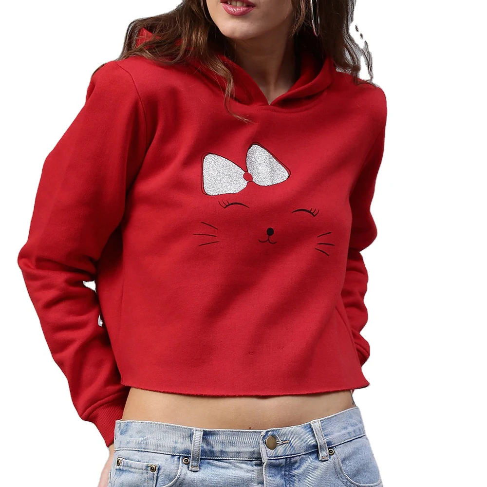 Лидер продаж белый женский укороченный топ из 100% хлопка худи на заказ с длинным рукавом и вырезом