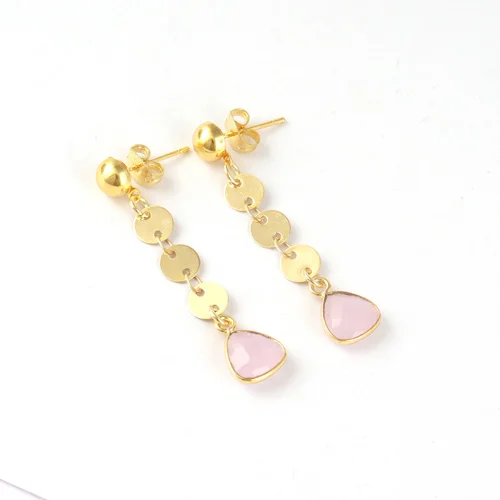 Bohemian vintage briolette cut pink quartz coin link dangle earring vermeil gold fashion statement handmade drop dangle earring