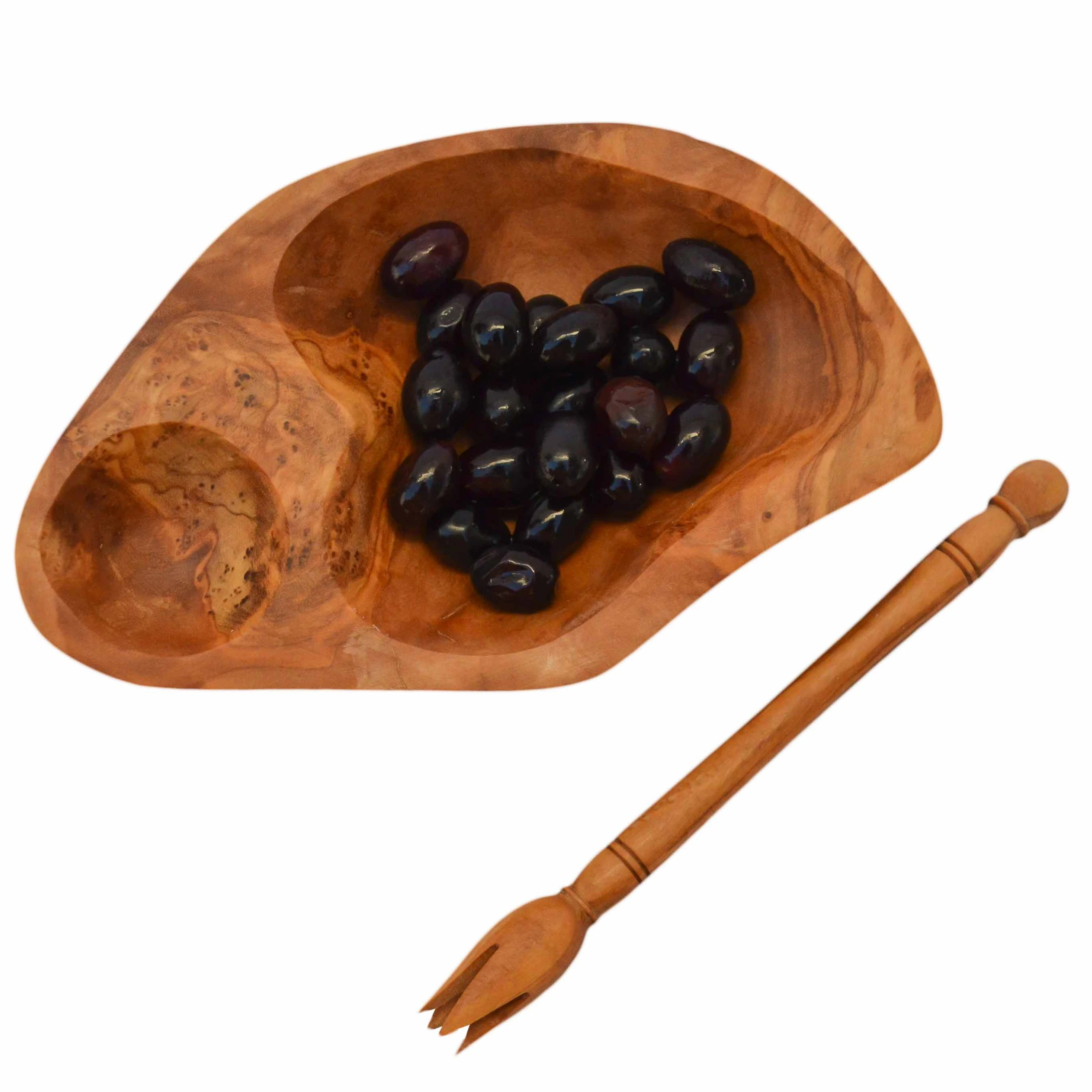 Olive Wood Items Accessories Wooden olives Serving Plate with an Olive Pick Irregular Shaped Dish.