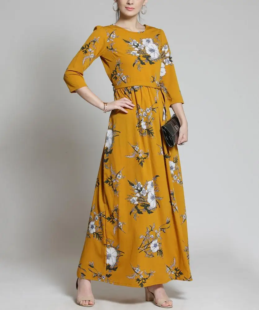 Spring Women Clothes New Round Neck Pea Pod Print Dresses Temperament Natural Maxi Casual Dress