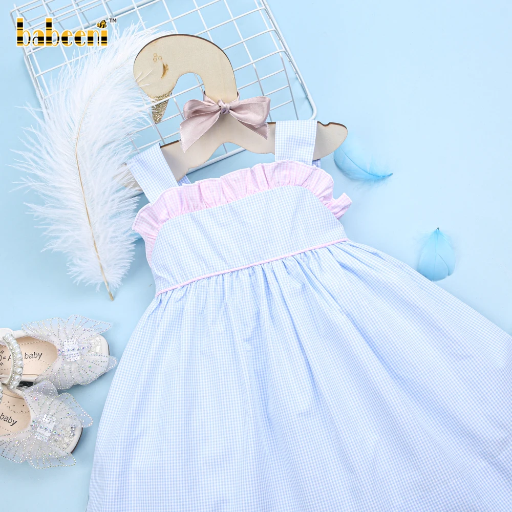 Baby blue gingham plain dress OEM ODM kids dresses wholesale manufacturer - BB2506