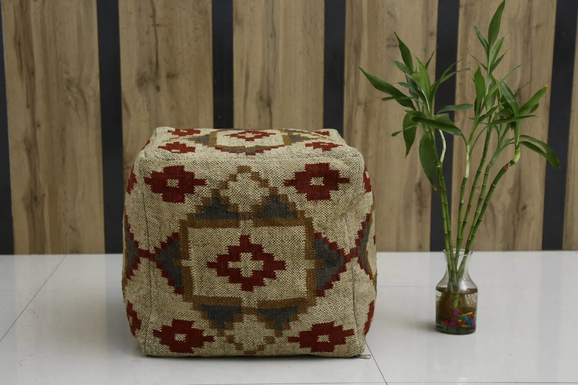 Kilim Ottoman Pouf Cover Handwoven Sitting Puff Case Jute Wool Footstool Cover Handmade Kelim Pouffe Cover