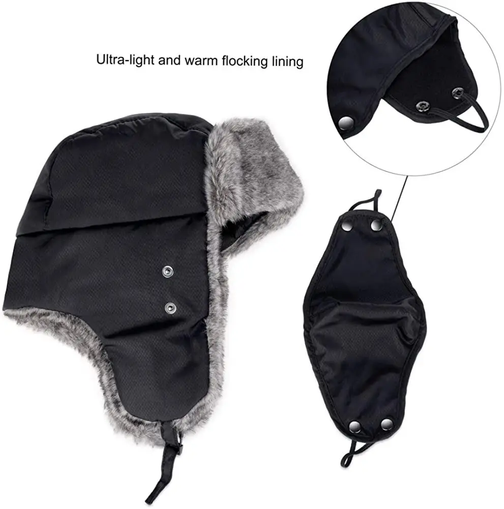 
Wholesale Winter Bomber Hats Men Thicker Fur Earflap Heating Plain Snow Russian Plush Ski Hat with mask 