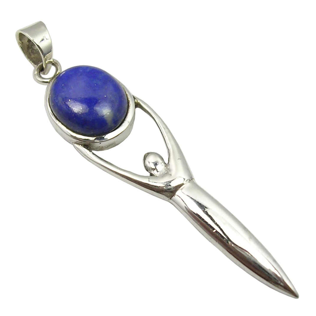 
.925 Sterling Silver Unusual LAPIS LAZULI VINTAGE STYLE GODDESS Pendant 5.8 CM 