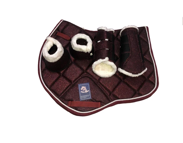 Customizable Glitter Horse Riding Saddle Pad Set with Ear Bonnet Bell Boots Brushing Boots in Matching Colors