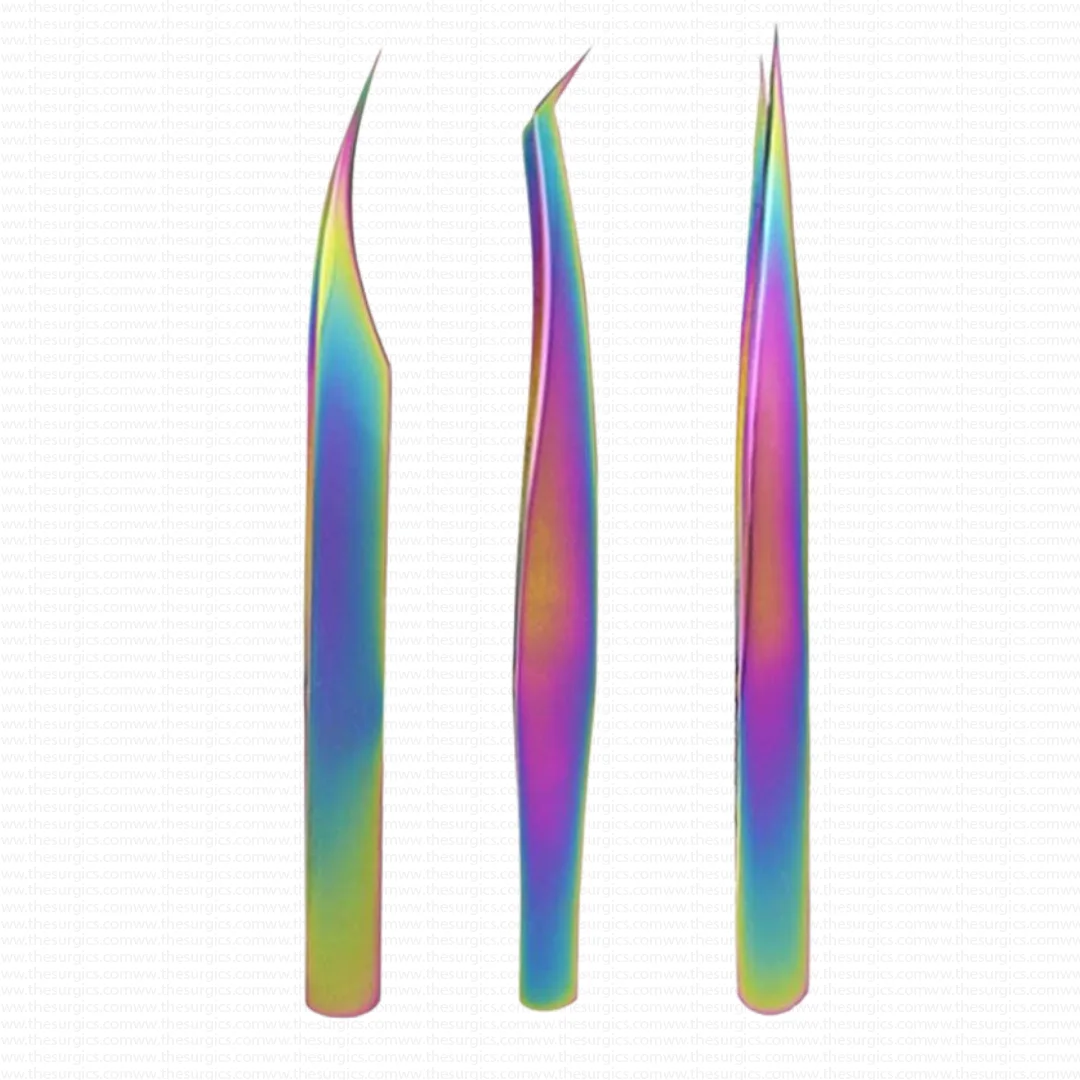 Rainbow Straight Isolation Curved Volume Eyelash Extension Tweezers Custom Logo Private Label Stainless Steel Wholesale
