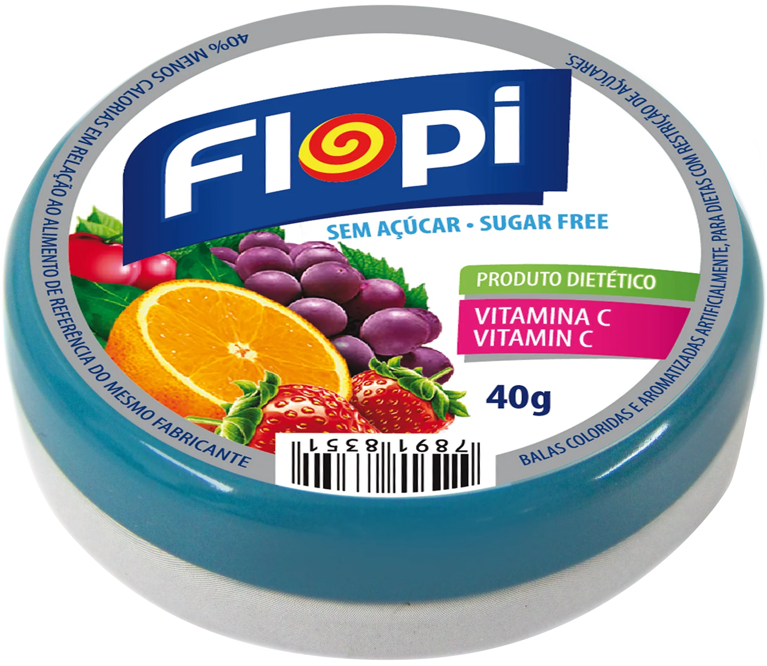 9582 - Flopi Orange, Cherry, Strawberry, Grape, Fruit Mix Sugar Free Hard Candy 40g 48x10un