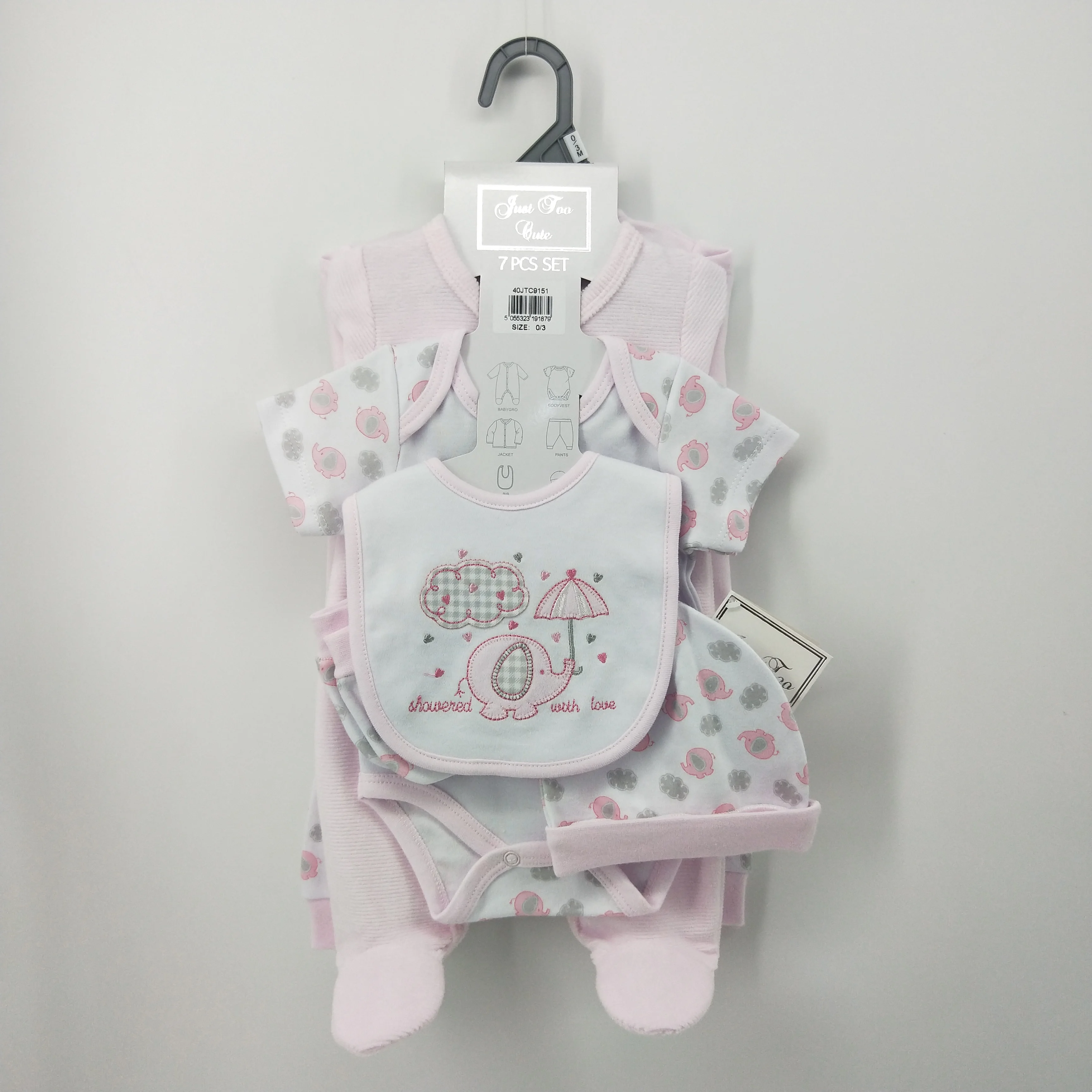 Light pink high quality 7 pieces affordable all season interlock 100% cotton baby clothing set