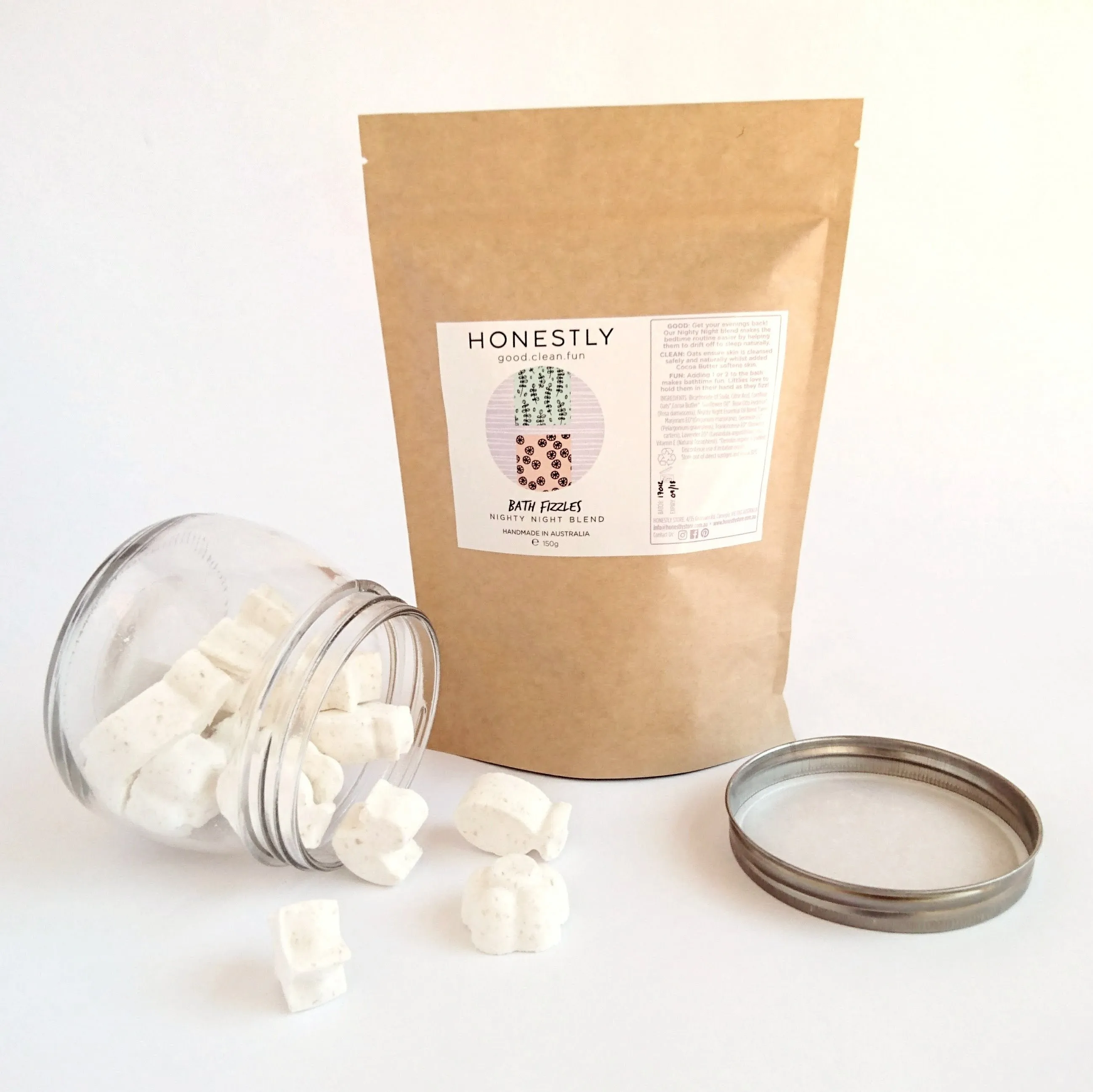 
HONESTLY Baby Bath Fizzles 150g -Palm Oil Free -Certified Organic Ingredient -Bath Fizzies -Hand Made in Australia 