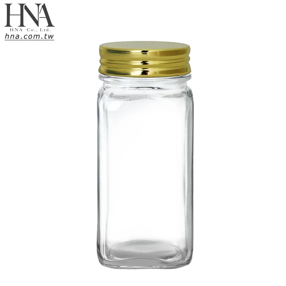 HNA Taiwan Made Golden Glass Spice Jars 4 ounces Empty Bottle with Shaker Lids Caps