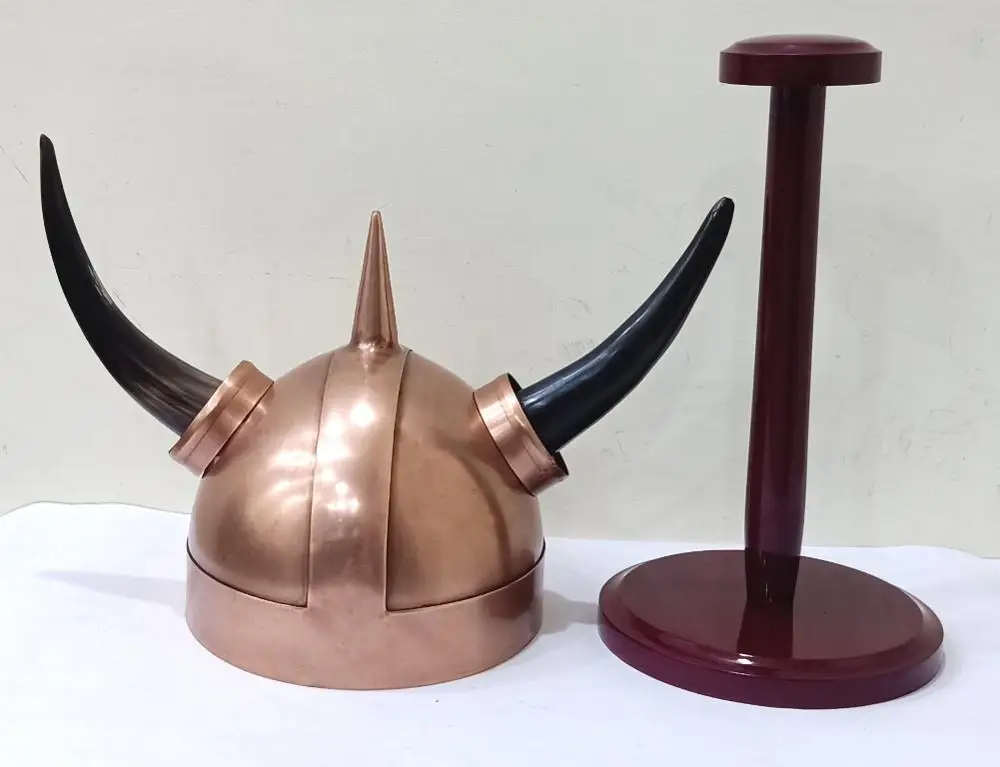 Medieval Armor Helmet 18 Gauge Steel Viking Helmet with Wooden Stand Buffalo Horns Head  Safety Arm Helmet Copper Polished