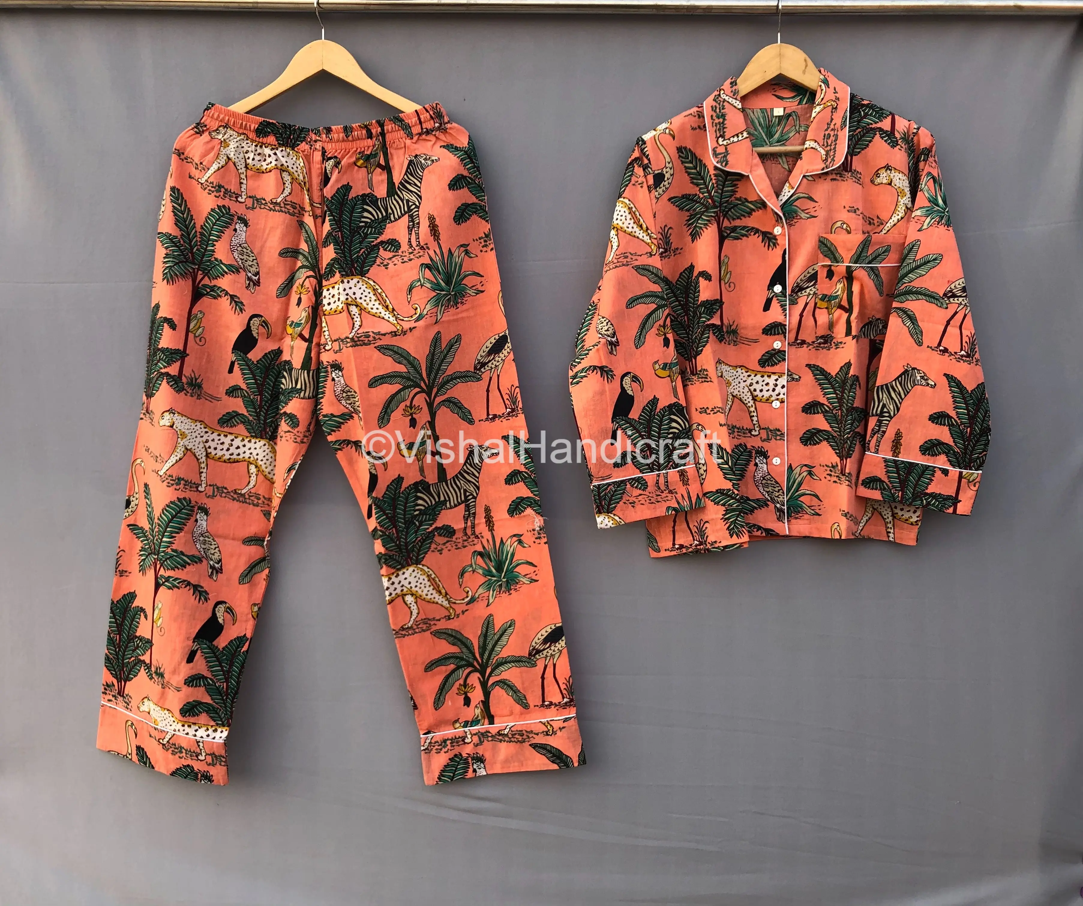 100%cotton hand block printed Indian Pajama & Robe Long Sleeve Hand Block Printed Woman Night Dress Set From India