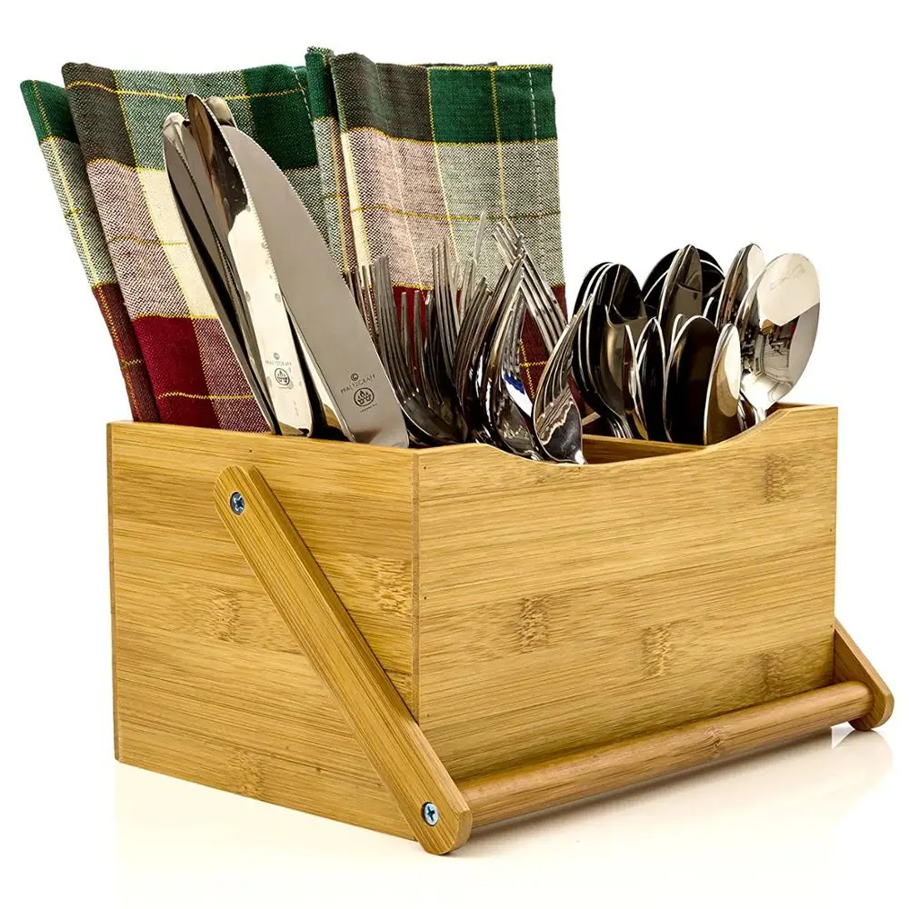 
Bamboo Flatware, Bamboo Cultery and Napkin Caddy with Folding Handle, Bamboo Utensil Holder 