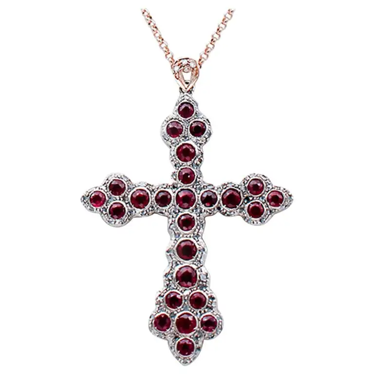 
Diamonds, Rubies, 9 Karat Rose Gold and Silver Pendant Necklace 