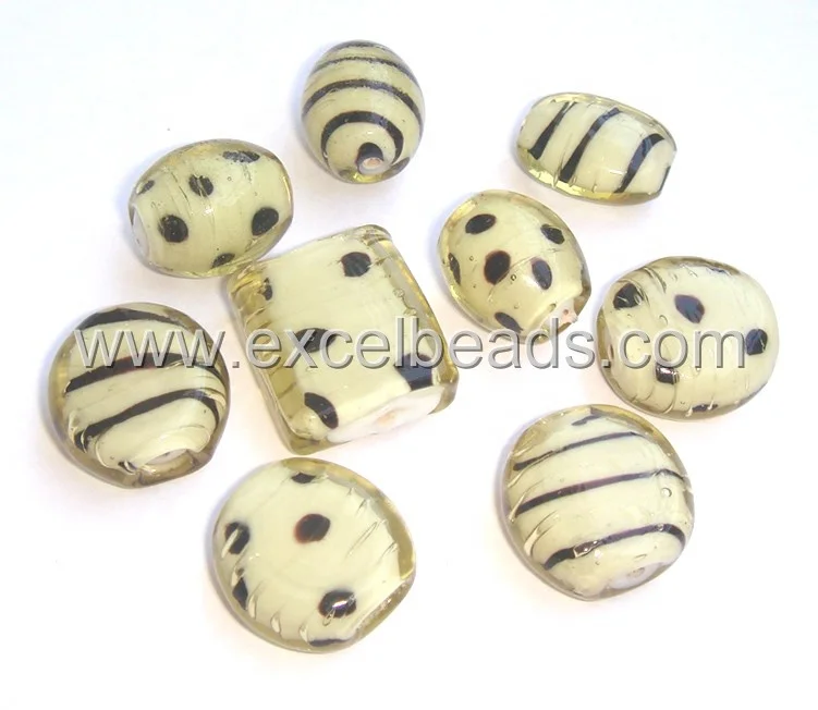
White Heart Glass Beads Striped and dotted beads - Hand made Lamp Work Glass Beads 