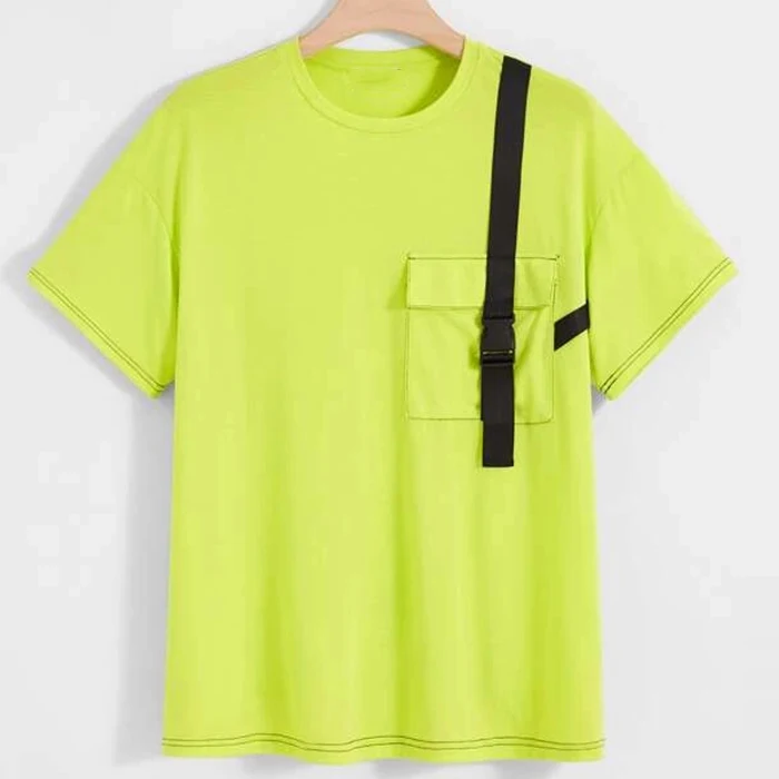 custom design printing blank tshirts flap pocket drop shoulder t shirts with taped buckle attractive look design