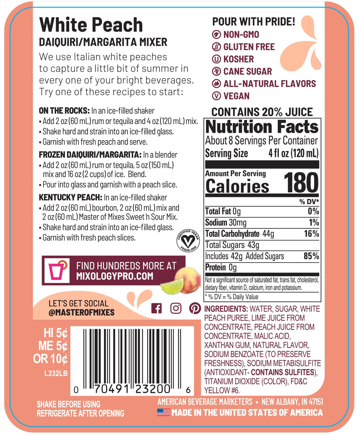 Master of Mixes White Peach Daiquiri/Margarita - 1 Liter Ready-To-Use Non-Alcoholic Cocktail Mix