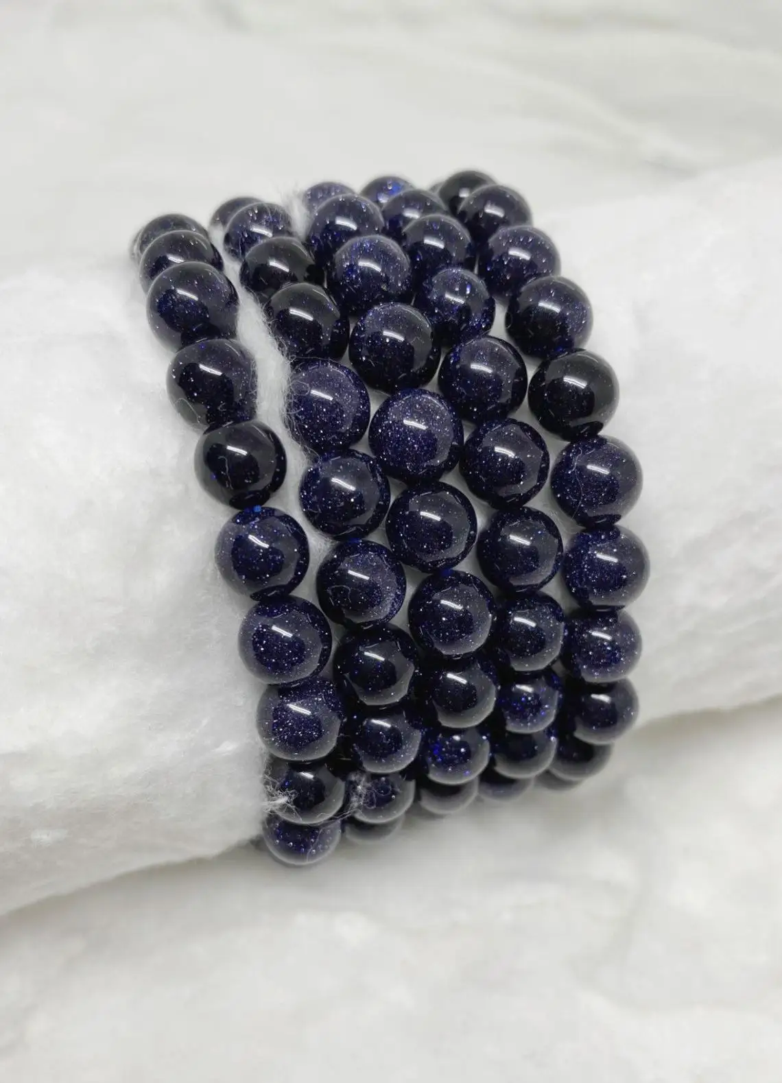 8mm Natural Blue Goldstone  Beaded Bracelet ,Blue Goldstone  Gemstone Bracelet 4mm To 8 mm ,3 Cord strong Rubber Bead Bracelet